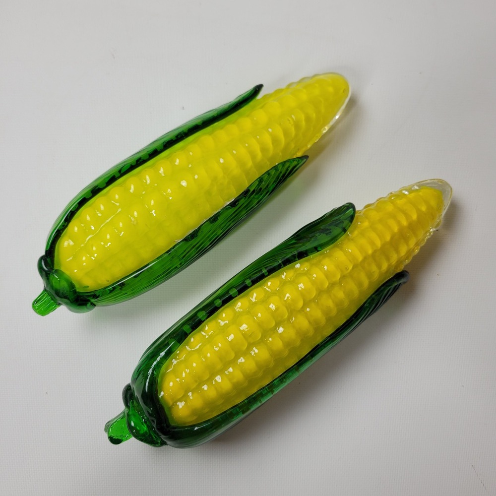 Vintage Hand Blown Art Glass Corn on the Cob Figurines Yellow Green Set of 2